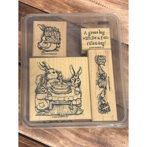 HTF 2004 STAMPIN' UP! BIRTHDAY BUNNIES WOOD MOUNTED RUBBER STAMP SET OF 4 EASTER